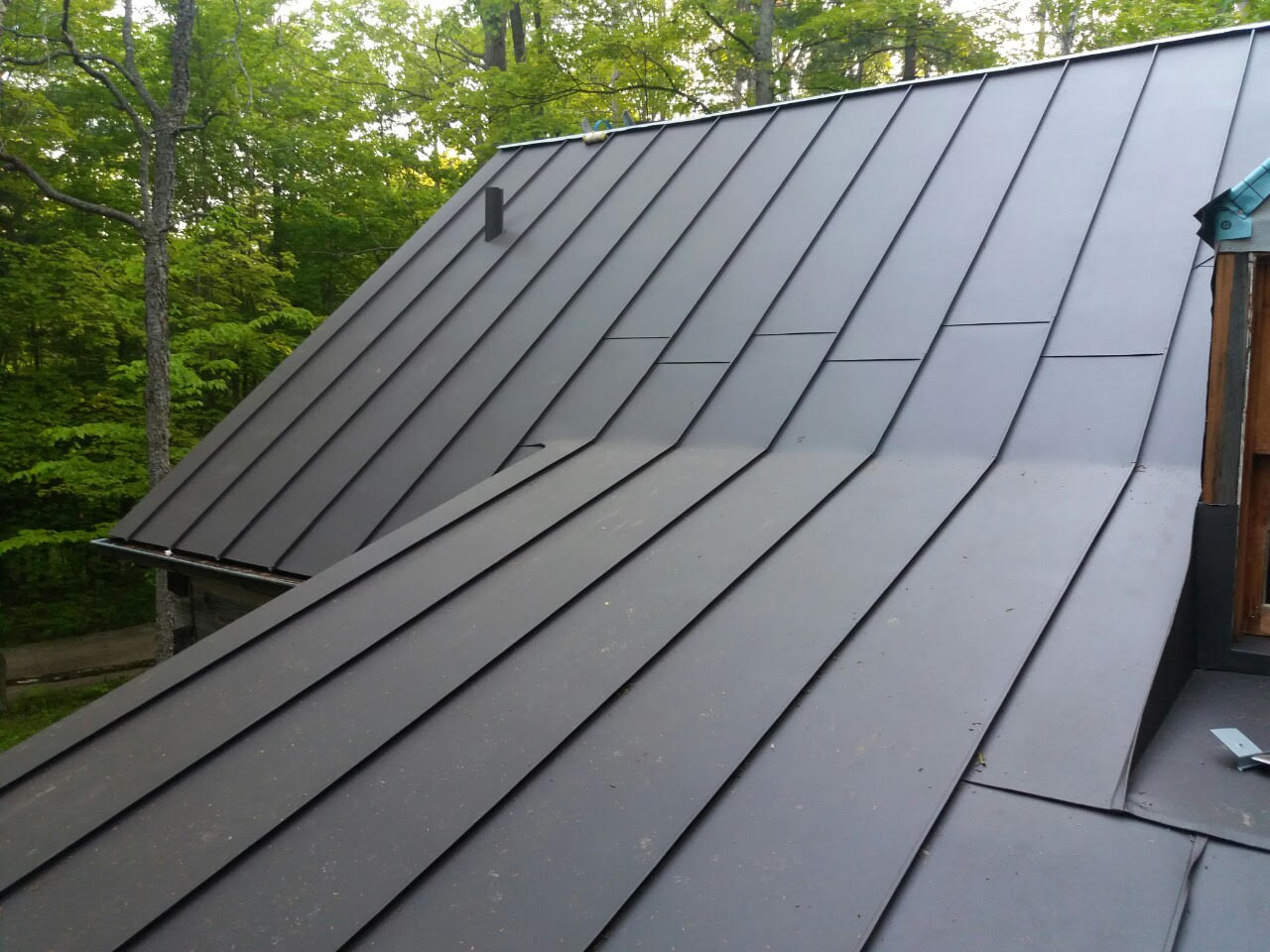 Charcoal standing seam metal roof on a forest cottage
